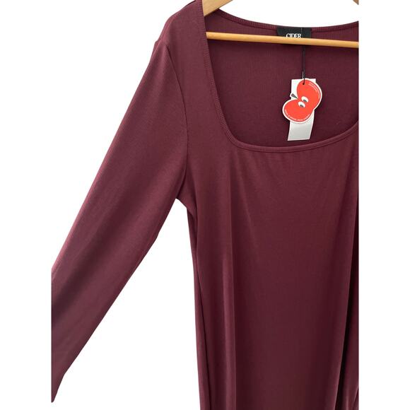 CIDER Solid Square Neck Long Sleeve‎ Ribbed Midi Dress in Wine Size XL - Picture 7 of 10